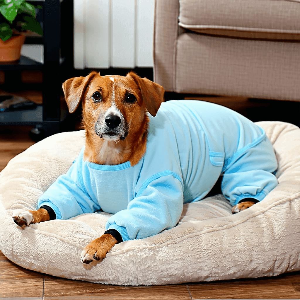 Mixed breed dog wearing blue protective body suit after surgery, resting comfortably on plush bed in living room