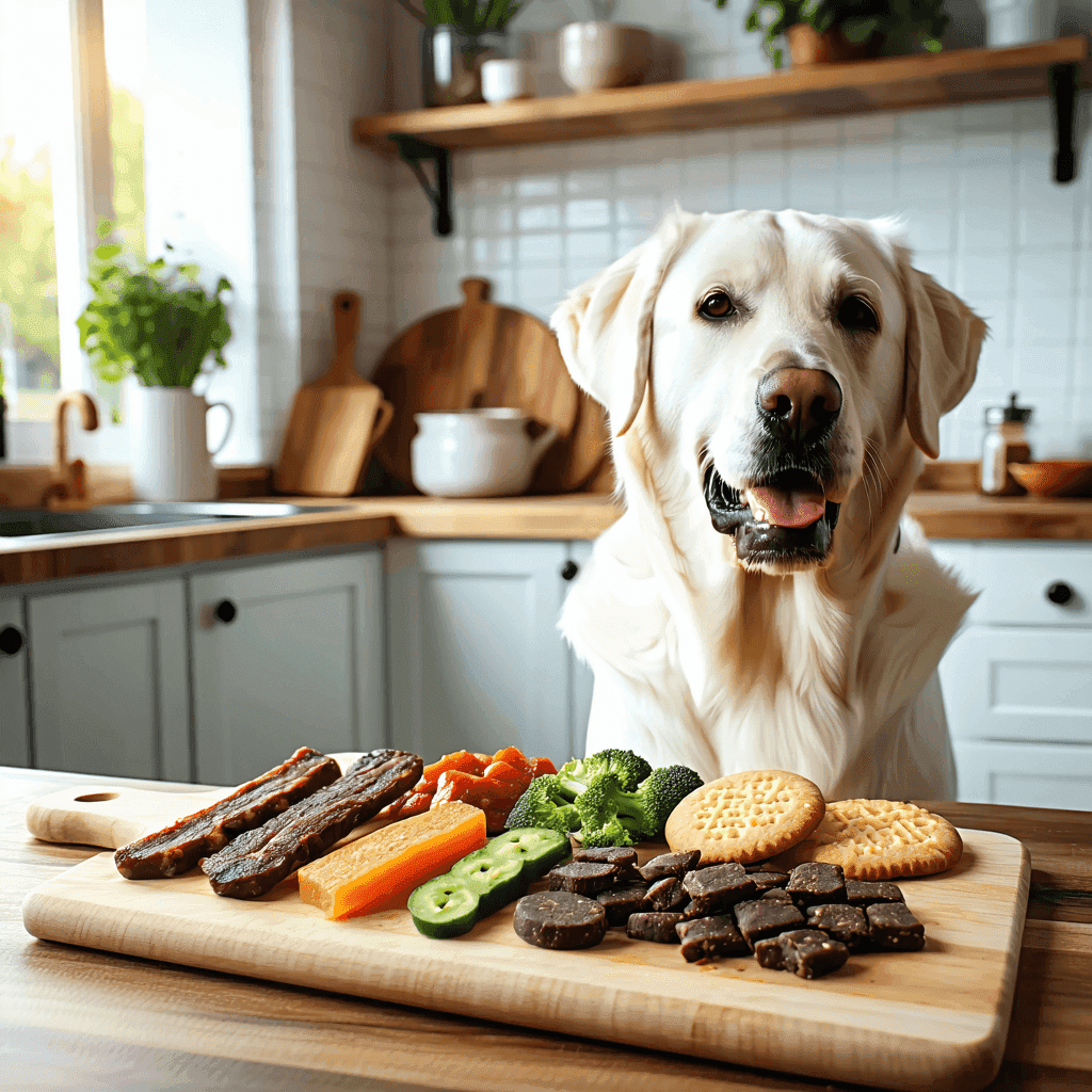 Labrador Retriever eyeing assorted grain-free dog treats on wooden board, highlighting healthy pet snack options
