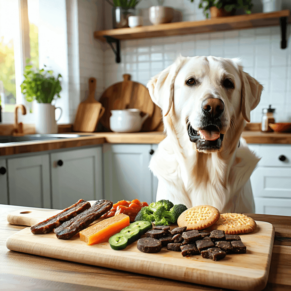 Labrador Retriever eyeing assorted grain-free dog treats on wooden board, highlighting healthy pet snack options