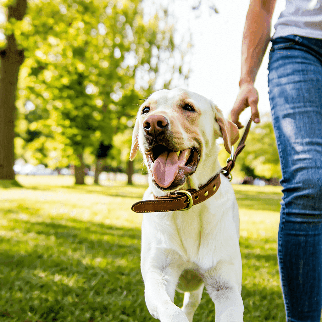 Happy Labrador wearing a stylish collar walks with owner in park, showcasing top-rated dog collars for various breeds