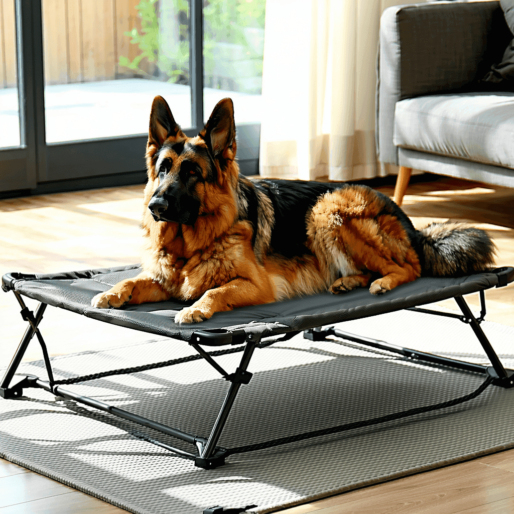 German Shepherd relaxing on an elevated dog bed, showcasing comfort and ventilation in a cozy living room setting.