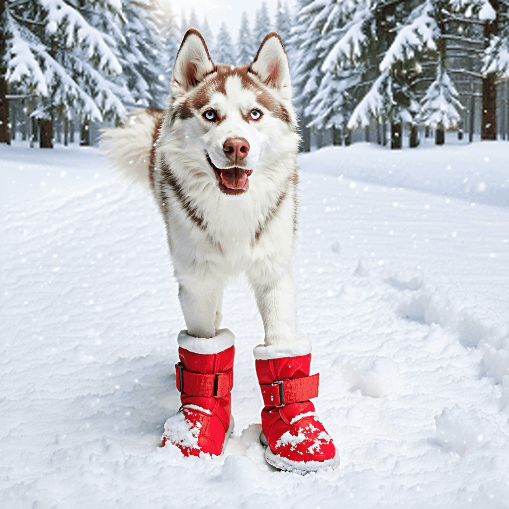Siberian Husky wearing red waterproof boots stands in snow, ready for winter adventures, surrounded by pine trees