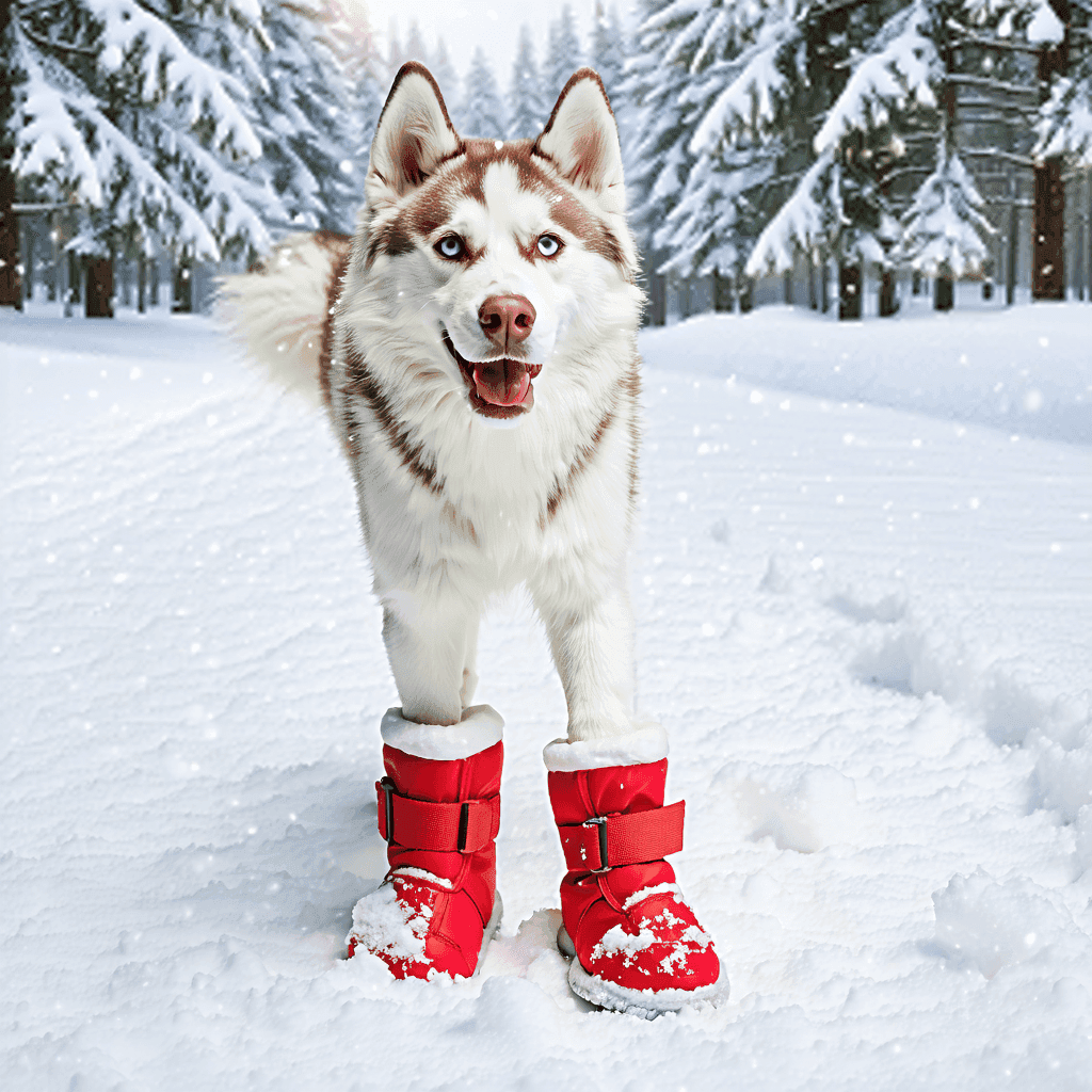 Siberian Husky wearing red waterproof boots stands in snow, ready for winter adventures, surrounded by pine trees
