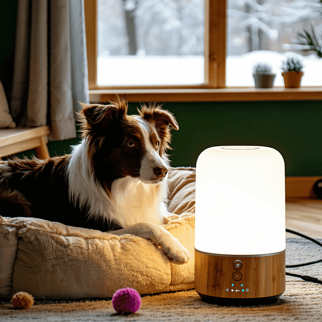 Border collie relaxing on cozy bed near light therapy lamp, combating winter blues in warm living room setting
