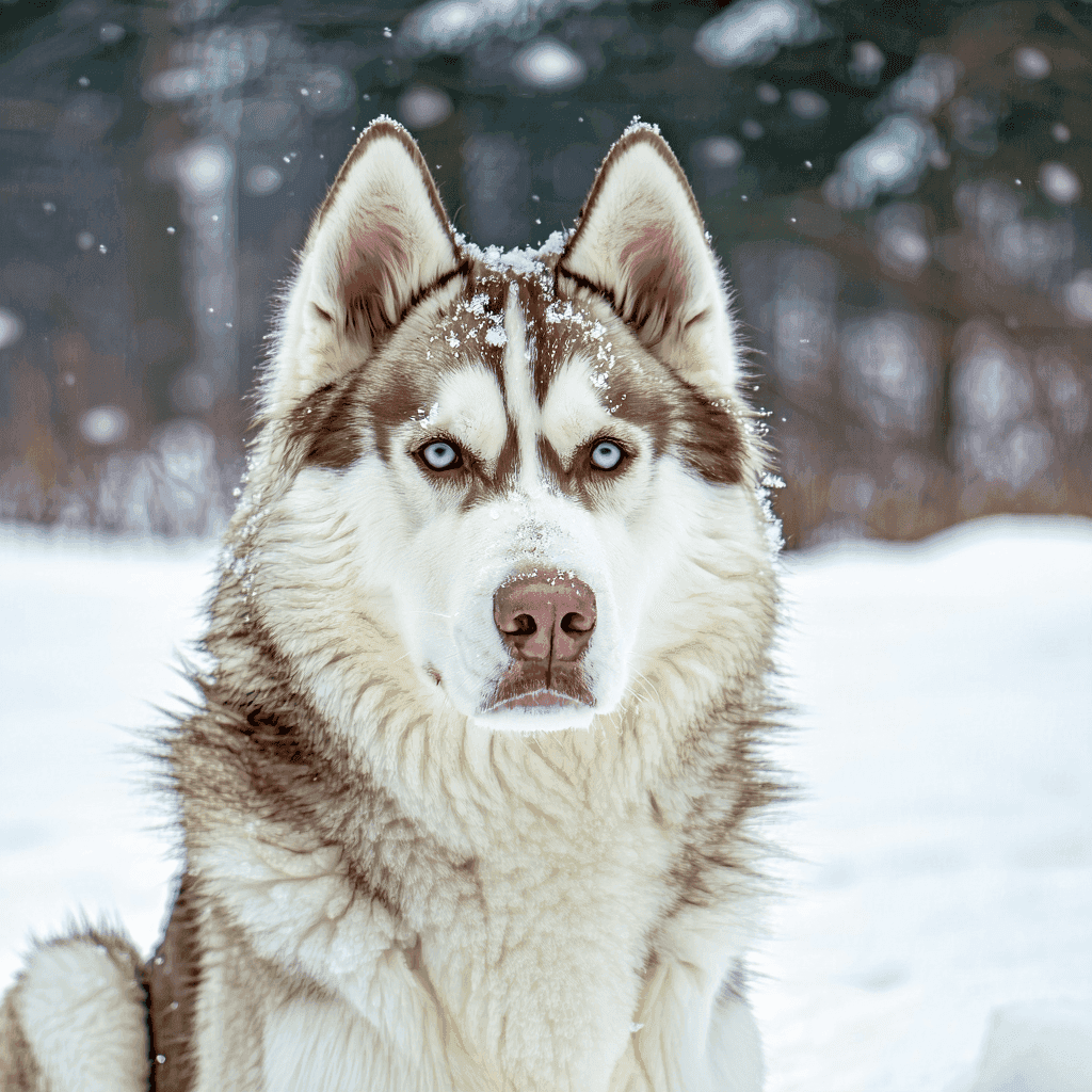 Healthy Siberian Husky with thick, shiny fur sitting in snow, demonstrating winter skin protection for dogs