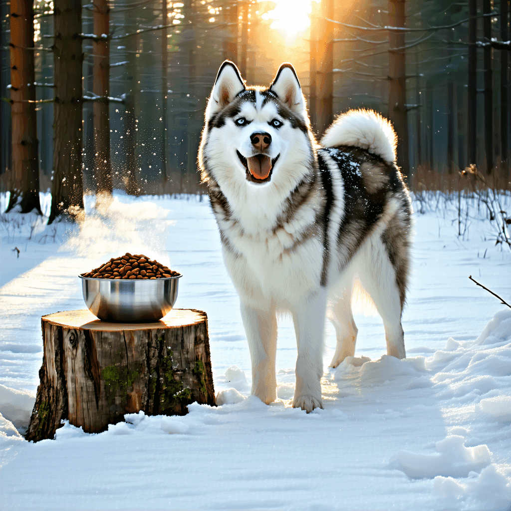 Energetic Siberian Husky in snowy forest near bowl of nutritious winter dog food, showcasing vitality in cold weather