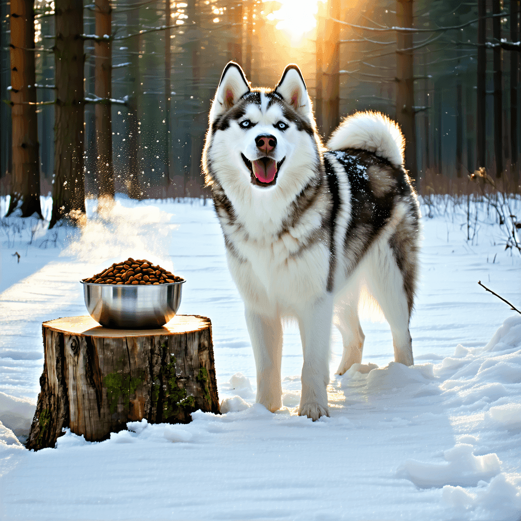 Energetic Siberian Husky in snowy forest near bowl of nutritious winter dog food, showcasing vitality in cold weather