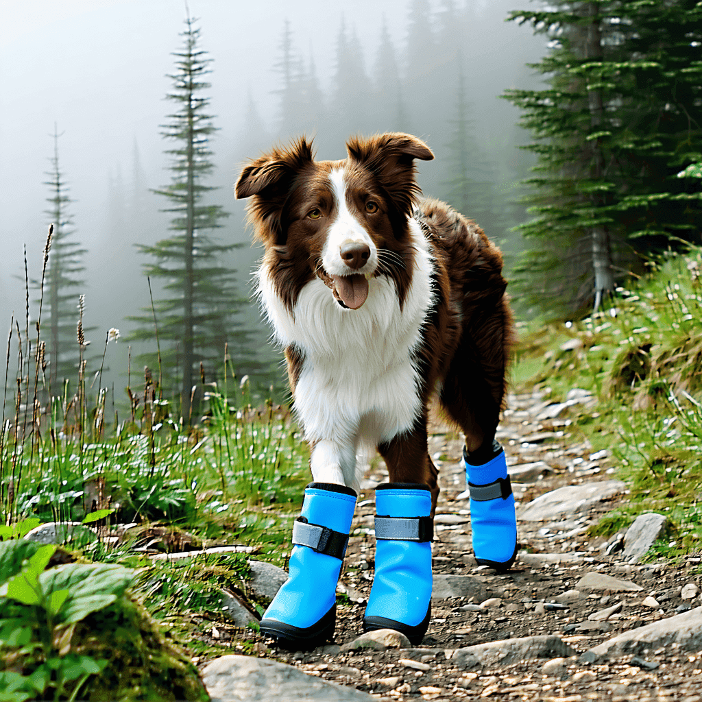 Border collie wearing blue protective boots on rocky trail, ready for hiking adventure in misty forest
