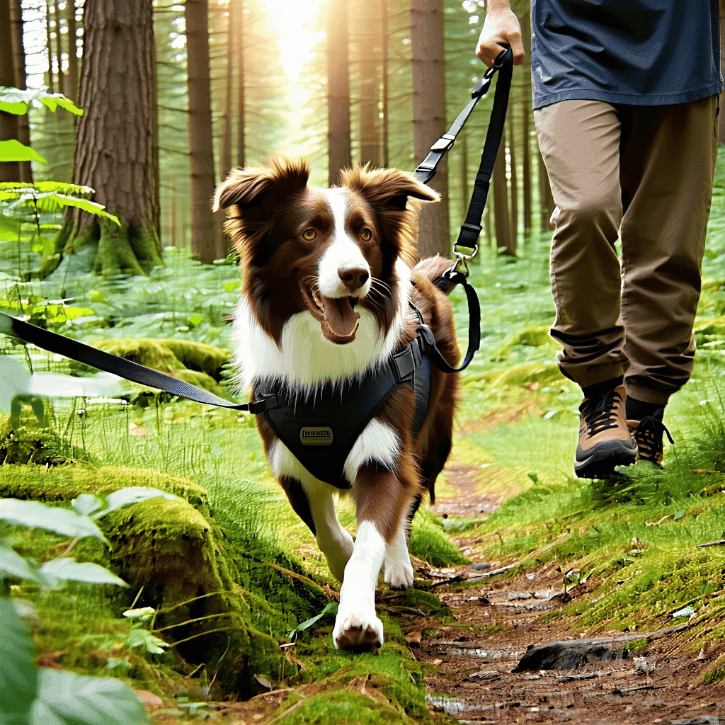Border collie on tracking leash exploring forest with owner, demonstrating proper use of dog tracking line