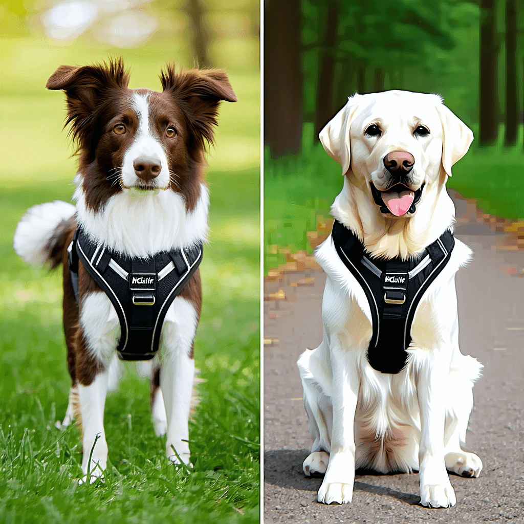 Comparison of Y-harness on Border Collie and H-harness on Labrador, showcasing different dog harness styles in outdoor settings.